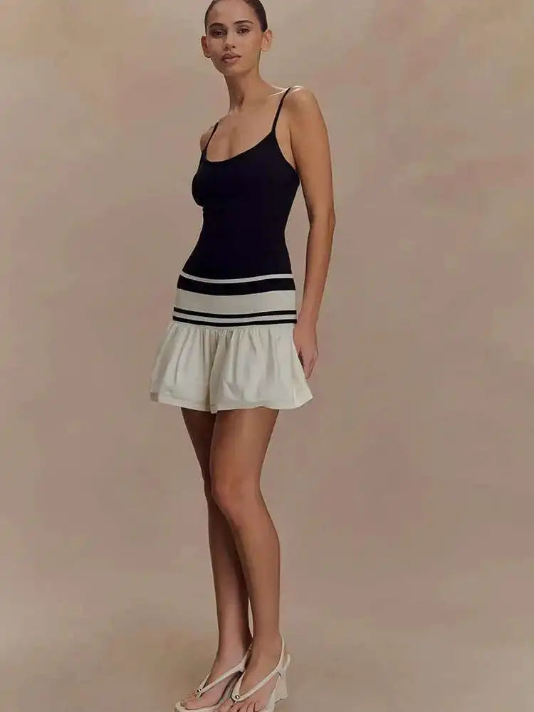 Patchwork Knit Spaghetti Strap Striped Backless Ruffles Mini Dress