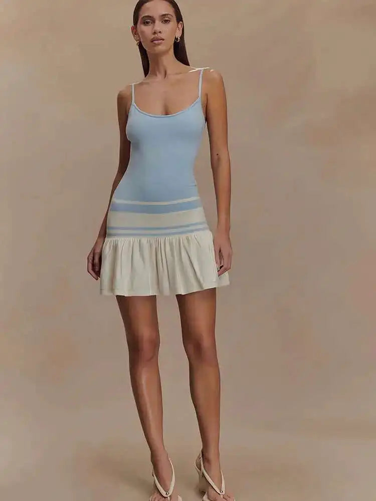 Patchwork Knit Spaghetti Strap Striped Backless Ruffles Mini Dress