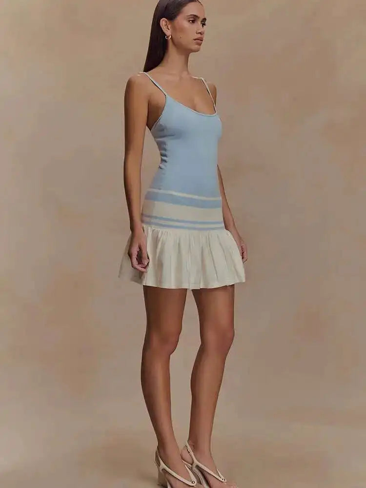 Patchwork Knit Spaghetti Strap Striped Backless Ruffles Mini Dress