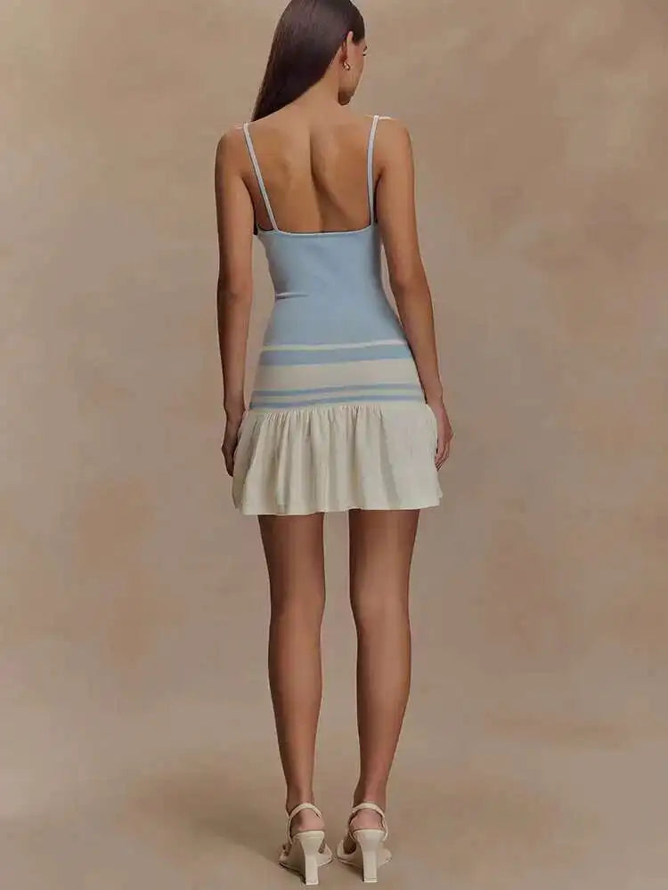 Patchwork Knit Spaghetti Strap Striped Backless Ruffles Mini Dress