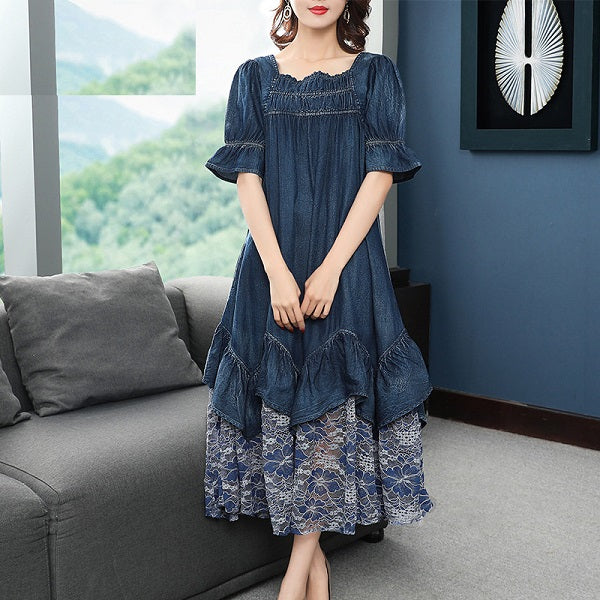 Patchwork Lace Mid-calf Short Sleeve Denim Dresses