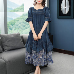 Patchwork Lace Mid-calf Short Sleeve Denim Dresses