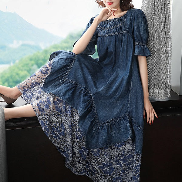 Patchwork Lace Mid-calf Short Sleeve Denim Dresses
