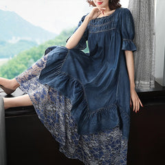 Patchwork Lace Mid-calf Short Sleeve Denim Dresses