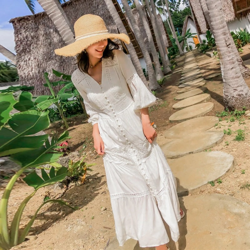 Patchwork Lace V-Neck Lantern Sleeve Maxi Dress