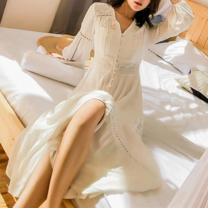 Patchwork Lace V-Neck Lantern Sleeve Maxi Dress