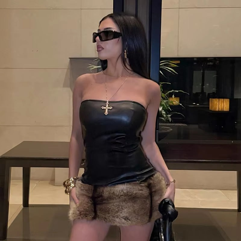 Patchwork Leather Chest Backless Zip Midnight Clubwear Mini Dresses