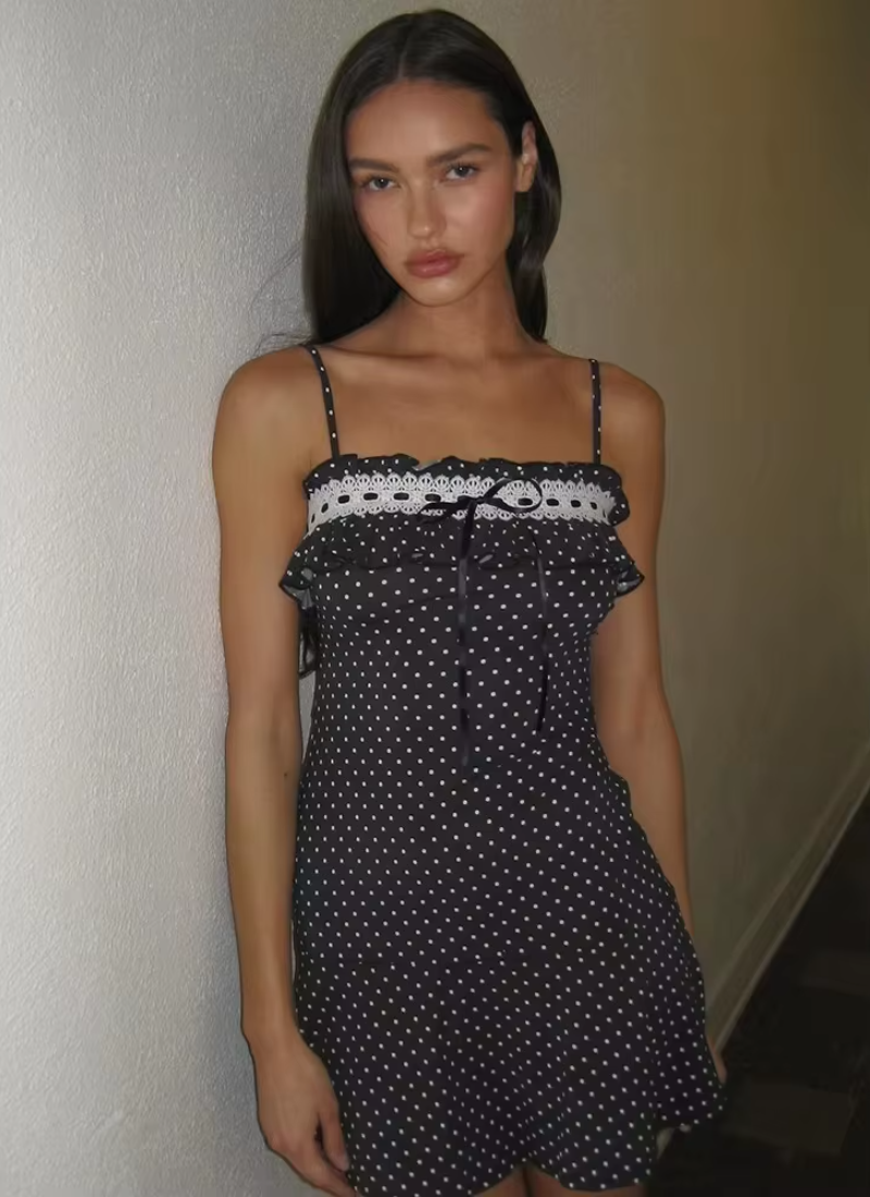Patchwork Print Polka Dot Lace Spaghetti Strap Slim Lace Up Mini Dress
