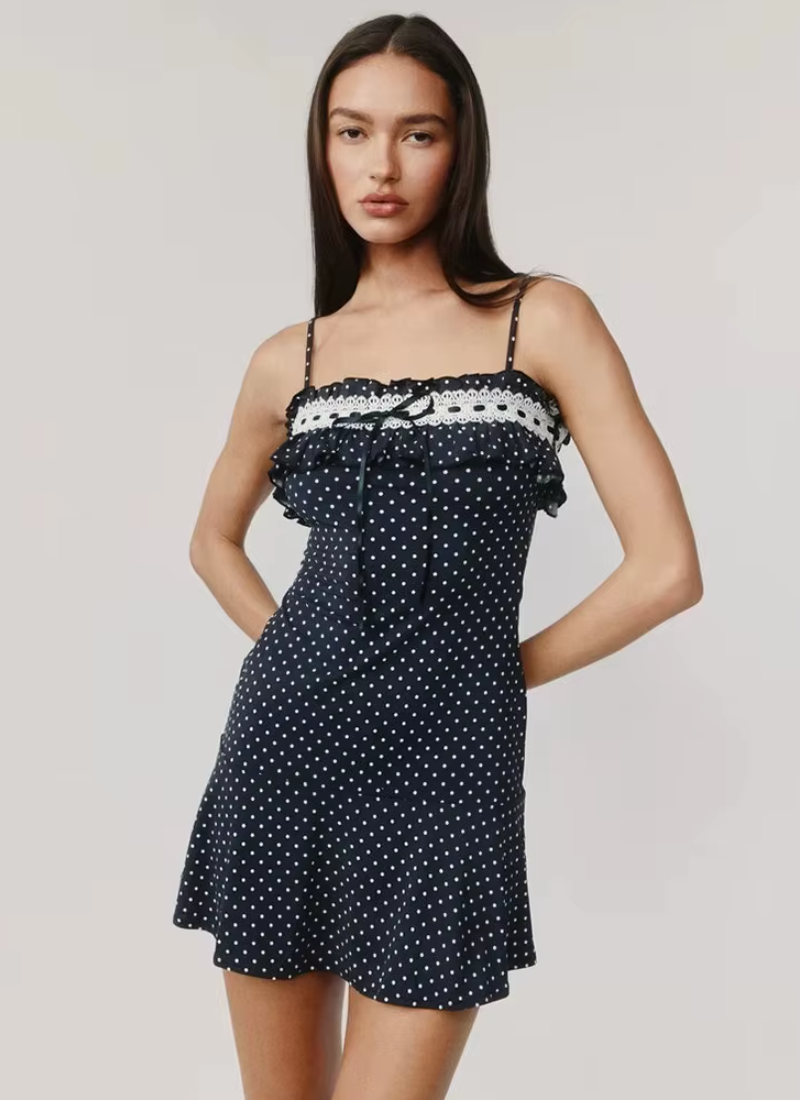 Patchwork Print Polka Dot Lace Spaghetti Strap Slim Lace Up Mini Dress