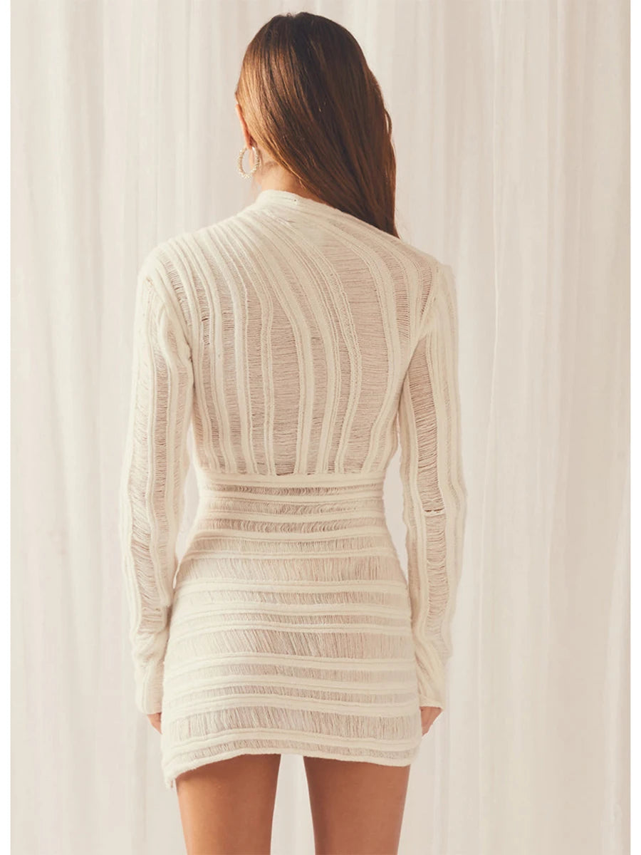 Patchwork Round Neck Long Sleeve Close-Fitting Streetwear Short Dress