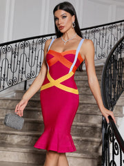 Patchwork Sleeveless Spaghetti Strap Evening Party Bodycon Bandage Trumpet Dresses