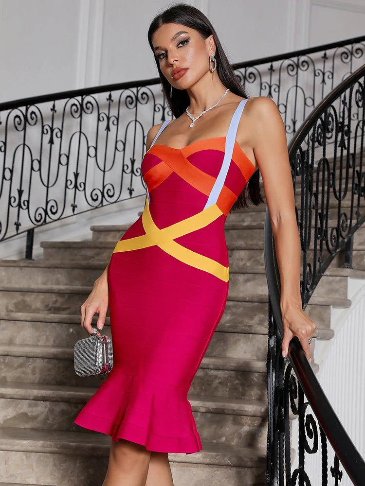 Patchwork Sleeveless Spaghetti Strap Evening Party Bodycon Bandage Trumpet Dresses