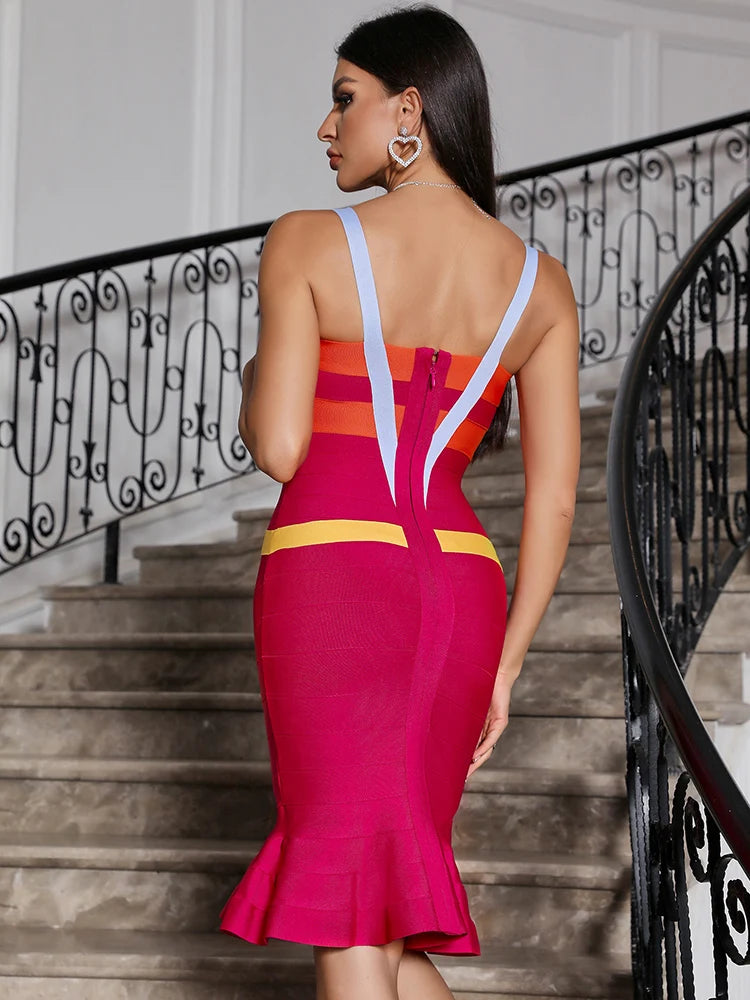 Patchwork Sleeveless Spaghetti Strap Evening Party Bodycon Bandage Trumpet Dresses