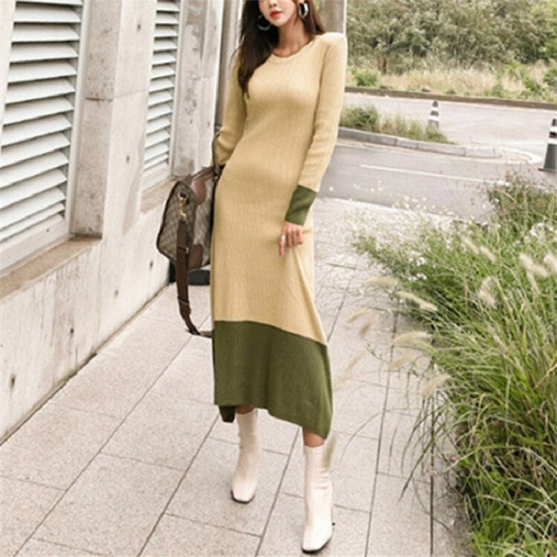 Patchwork Straight Knitting Warm Office Ladies Sweater Dresses