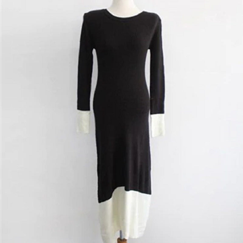 Patchwork Straight Knitting Warm Office Ladies Sweater Dresses