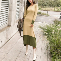 Patchwork Straight Knitting Warm Office Ladies Sweater Dresses