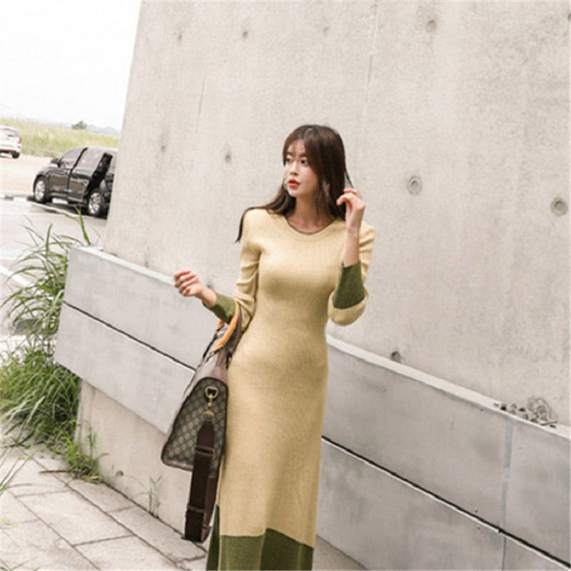 Patchwork Straight Knitting Warm Office Ladies Sweater Dresses
