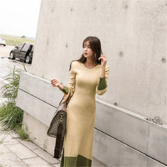Patchwork Straight Knitting Warm Office Ladies Sweater Dresses