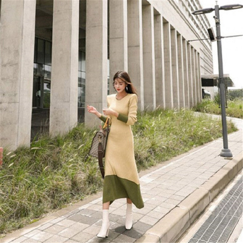 Patchwork Straight Knitting Warm Office Ladies Sweater Dresses