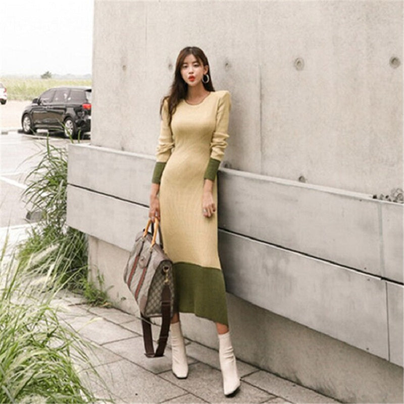 Patchwork Straight Knitting Warm Office Ladies Sweater Dresses