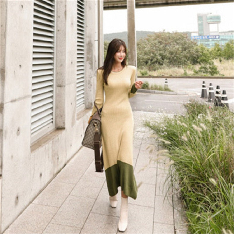 Patchwork Straight Knitting Warm Office Ladies Sweater Dresses