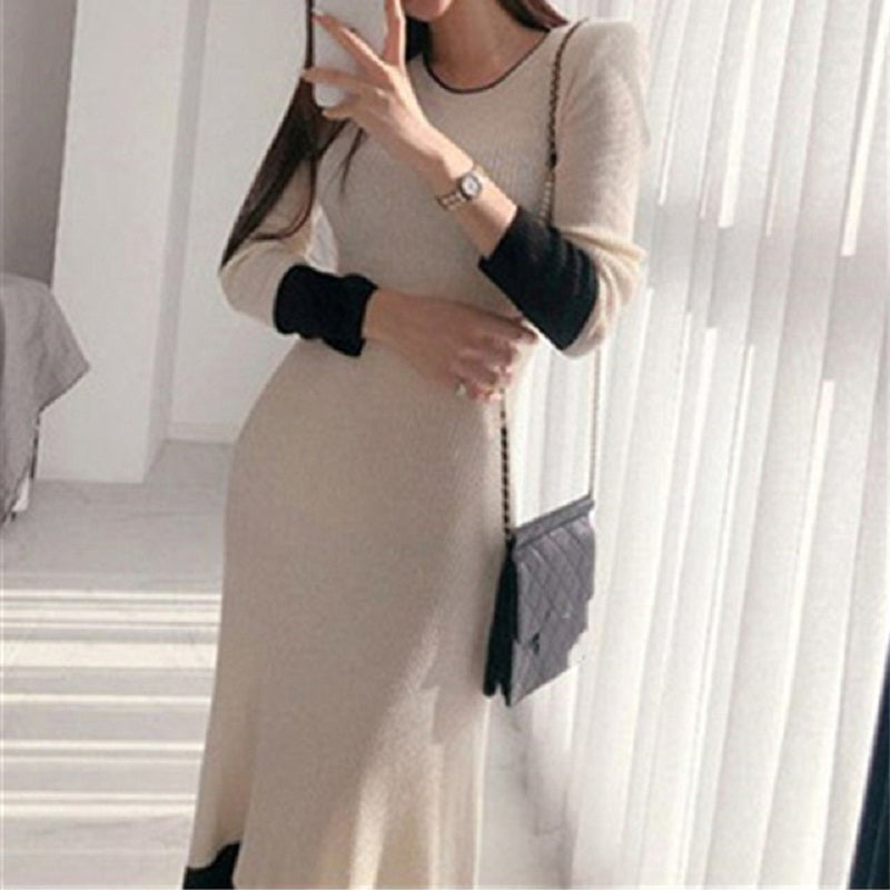 Patchwork Straight Knitting Warm Office Ladies Sweater Dresses