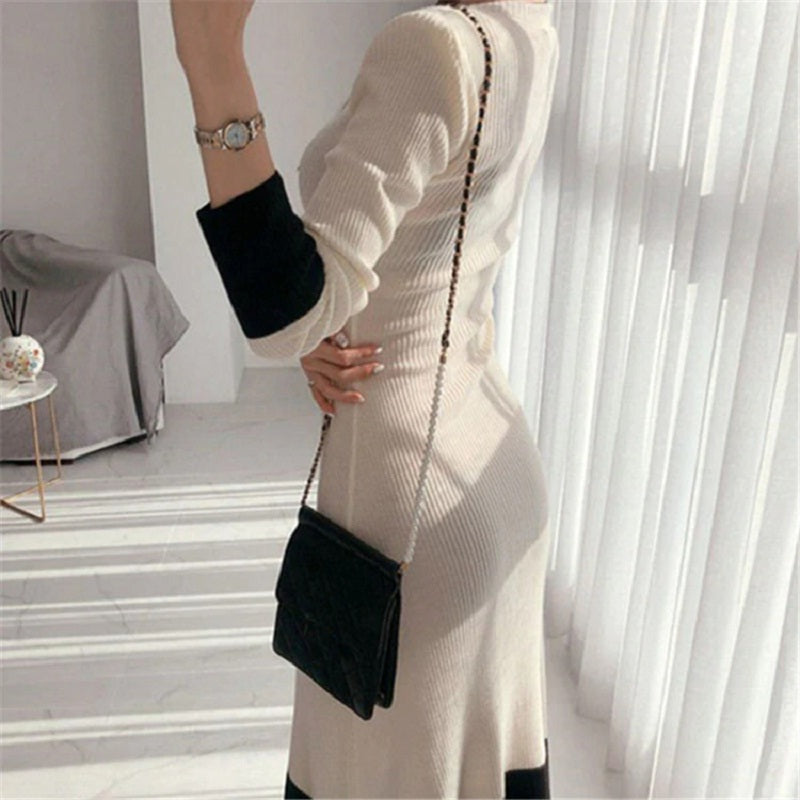 Patchwork Straight Knitting Warm Office Ladies Sweater Dresses