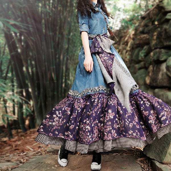Patchwork Three Quarter Sleeve Jeans Dress With Flower Belt