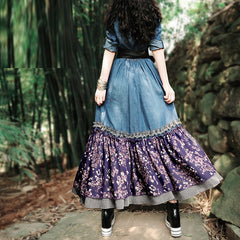 Patchwork Three Quarter Sleeve Jeans Dress With Flower Belt