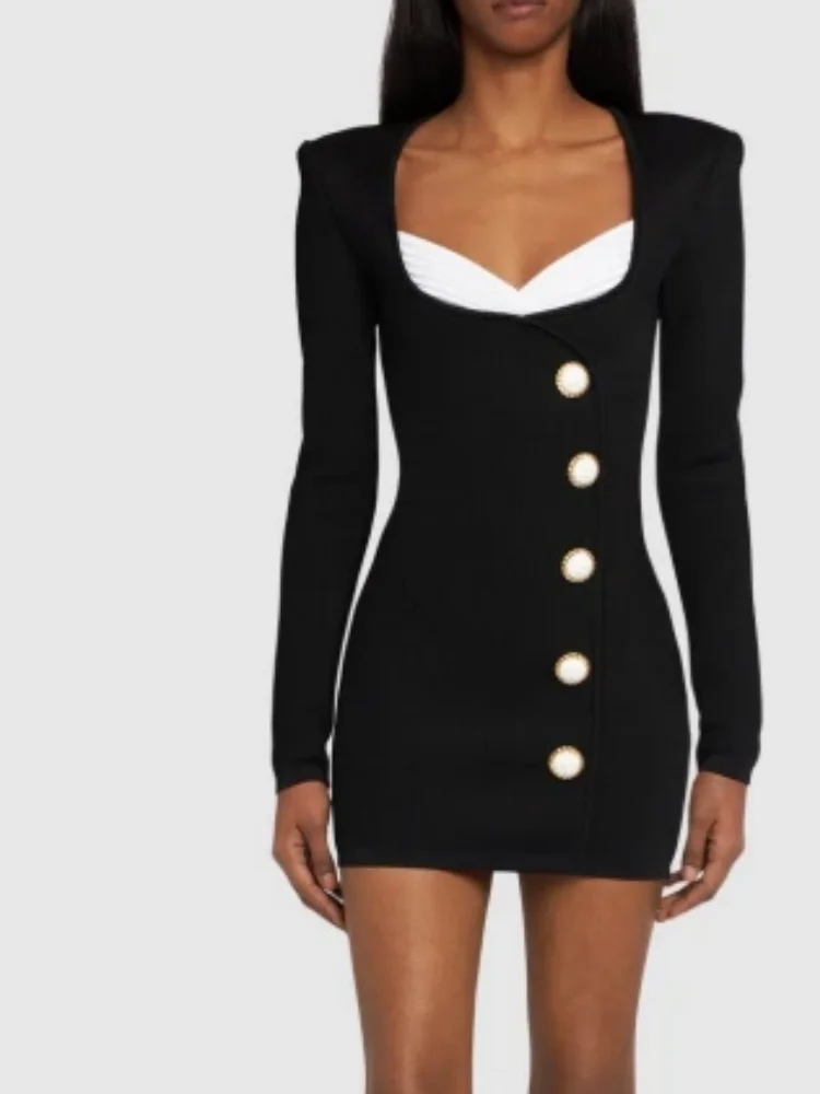 Patchwork U Neck Long Sleeves Retro Button Decoration Party Evening  Bodycon Bandage Mini Dresses