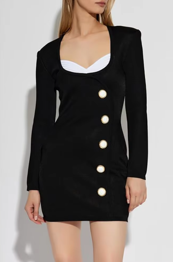 Patchwork U Neck Long Sleeves Retro Button Decoration Party Evening  Bodycon Bandage Mini Dresses