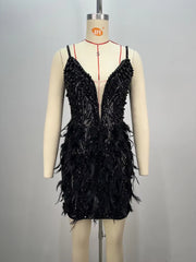Pearl Beading Feathers Sleeveless V-Neck Nightclub Party Bodycon Mini Dress
