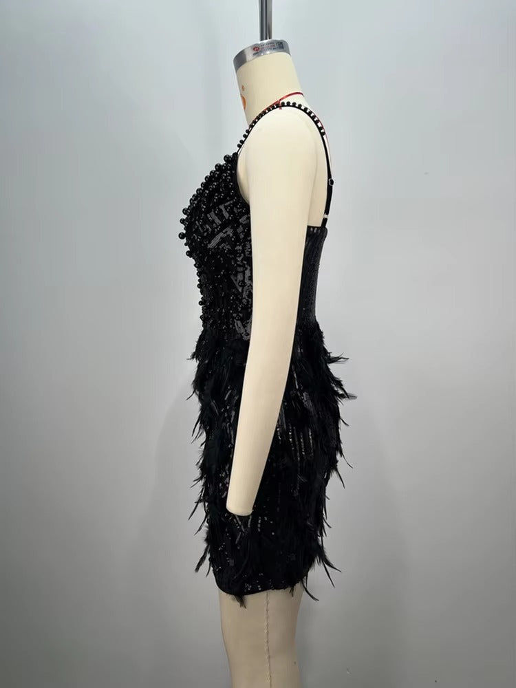 Pearl Beading Feathers Sleeveless V-Neck Nightclub Party Bodycon Mini Dress
