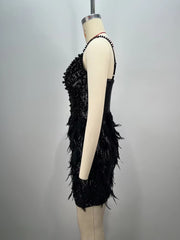 Pearl Beading Feathers Sleeveless V-Neck Nightclub Party Bodycon Mini Dress