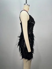 Pearl Beading Feathers Sleeveless V-Neck Nightclub Party Bodycon Mini Dress