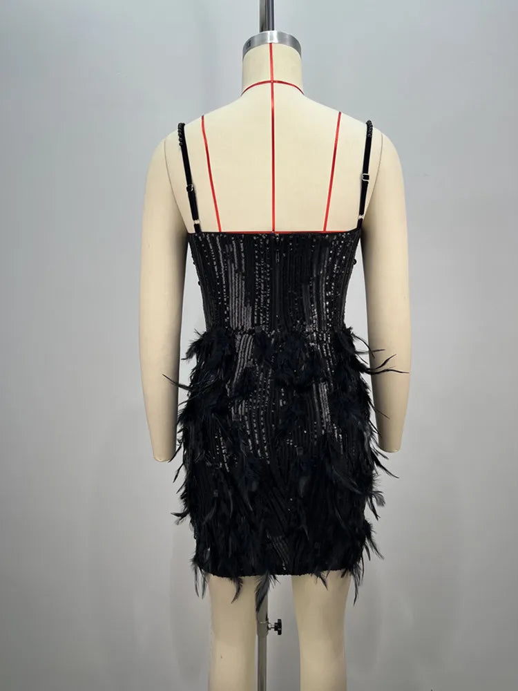 Pearl Beading Feathers Sleeveless V-Neck Nightclub Party Bodycon Mini Dress