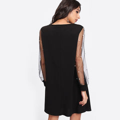 Elegant Pearl Beading Mesh Sleeve Tunic Dress