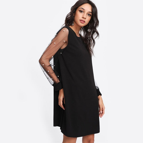 Elegant Pearl Beading Mesh Sleeve Tunic Dress