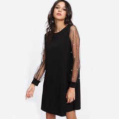 Elegant Pearl Beading Mesh Sleeve Tunic Dress