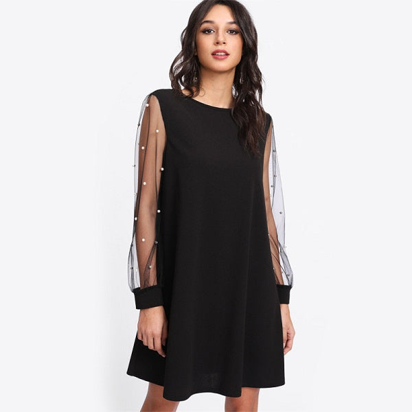 Elegant Pearl Beading Mesh Sleeve Tunic Dress