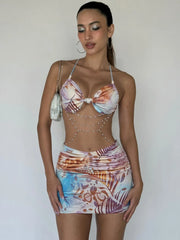 Pearl Chains Knot Wrap Tie Dye Print Halter Bandage Backless Skinny Party Mini Bodycon Dress
