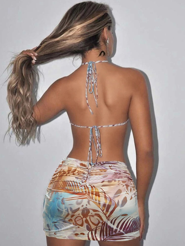 Pearl Chains Knot Wrap Tie Dye Print Halter Bandage Backless Skinny Party Mini Bodycon Dress