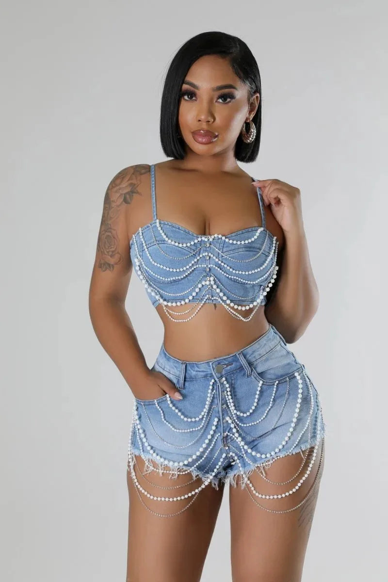 Pearl Diamond Chain Crop Camisole and Shorts Matching Party Club Denim 2 Piece Sets