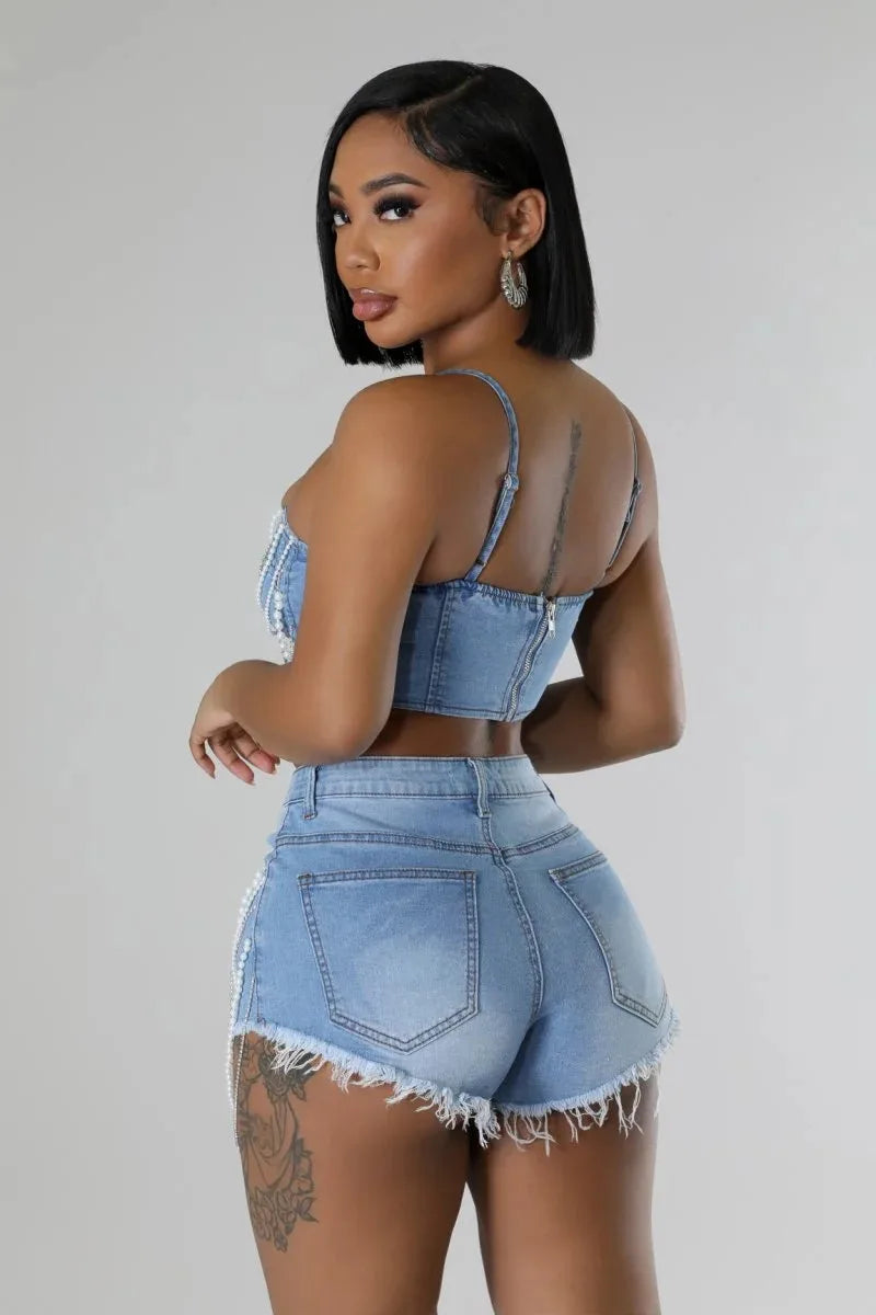 Pearl Diamond Chain Crop Camisole and Shorts Matching Party Club Denim 2 Piece Sets