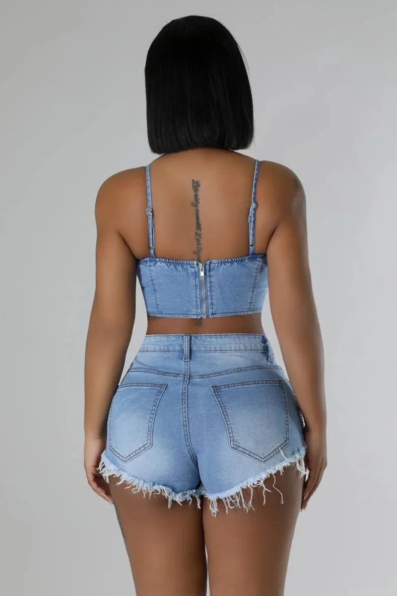 Pearl Diamond Chain Crop Camisole and Shorts Matching Party Club Denim 2 Piece Sets