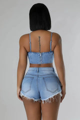 Pearl Diamond Chain Crop Camisole and Shorts Matching Party Club Denim 2 Piece Sets
