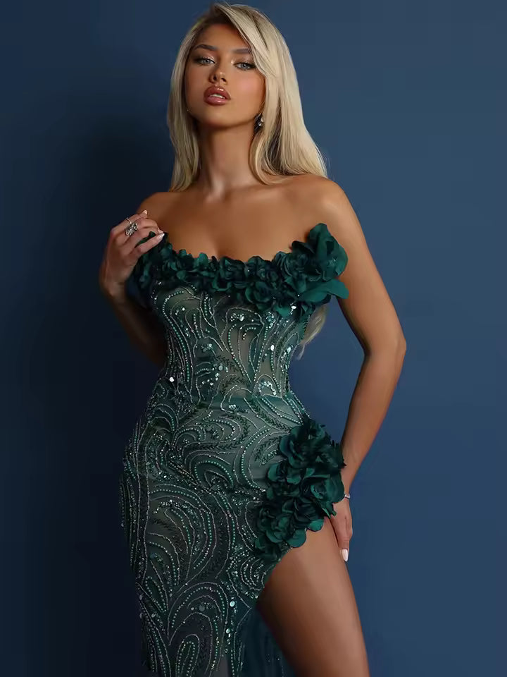 Pearls Details Off the Shoulder Embellished Slit Cocktail Party Evening Gowns