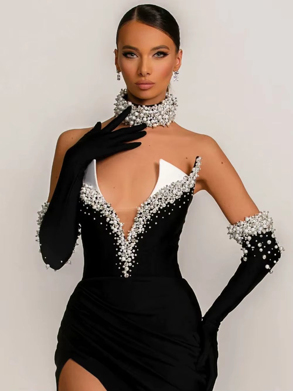 Pearls Diamonds Velvet Beaded Strapless With Gloves Neck Maxi Dress