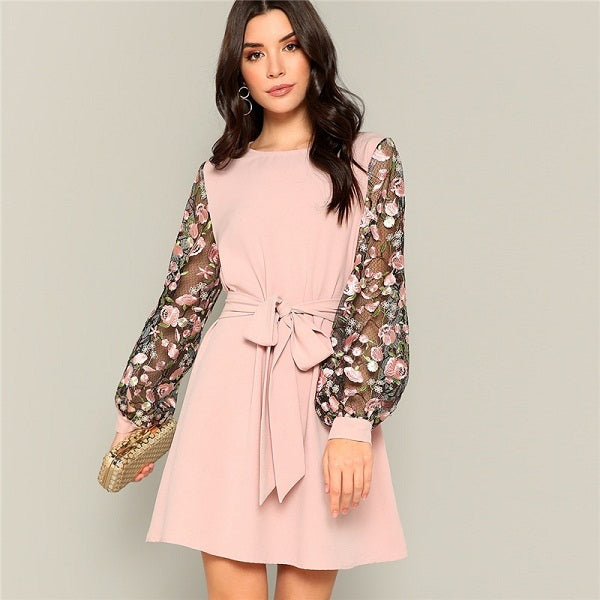Casual A-Line Flower Embroidered Mesh Sleeve Belted Mini Dress