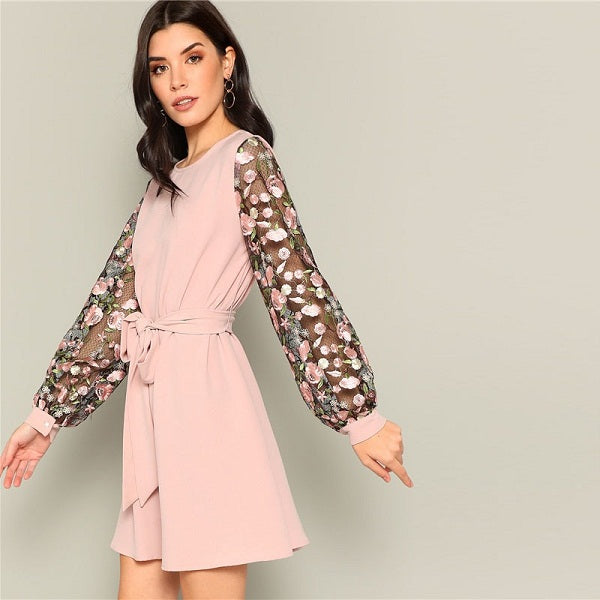Casual A-Line Flower Embroidered Mesh Sleeve Belted Mini Dress